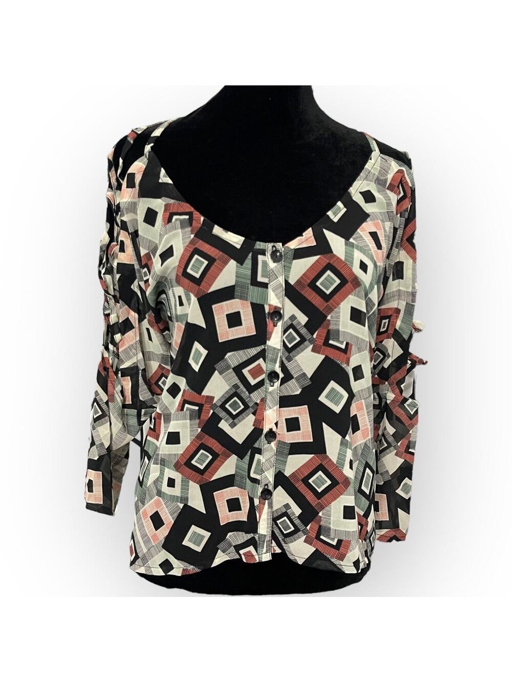 Katia Button Up Blouse Women's Small Multicolor Geometric Cutout Sleeves Y2K NEW